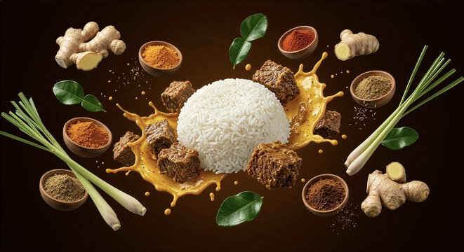 Dynamic Floating Food Concept with Rice, Gourmet Meats, Asian Curry Splash, and Flying Fresh Ingredients