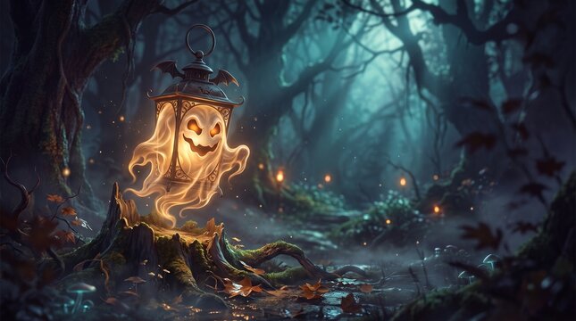 Cute ghostly spirit holding a glowing lantern sitting on a mossy tree stump