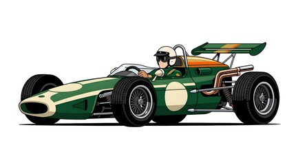 Fototapeta premium Vector illustration of a vintage green and orange open-wheel race car with a driver, isolated on white background
