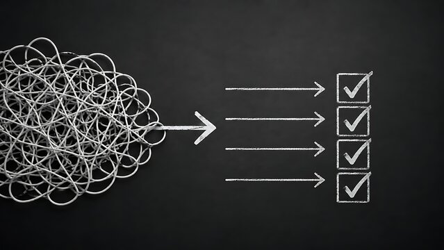 Problem solving and simplification concept showing tangled lines becoming straight arrows to checkboxes on chalkboard