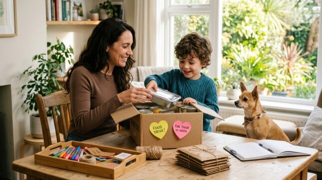 Smiling mother and young son packing canned goods into a cardboard donation box for a local food drive at home, representing family volunteering and community support for people in need during