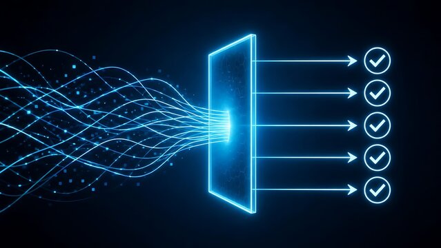 Digital data filtering and network security concept shown by glowing digital streams passing through processing panel