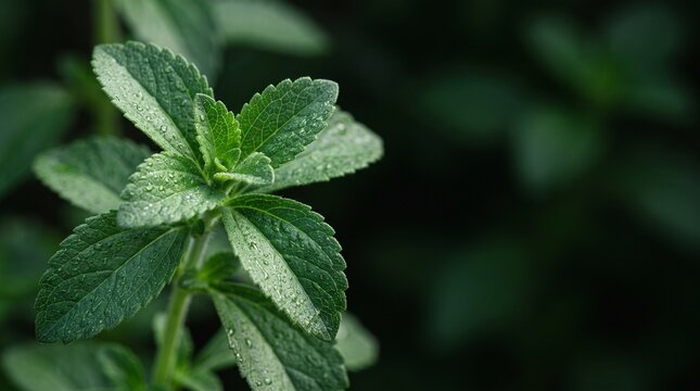Fresh green stevia leaves with water droplets for natural sweetener and herbal tea concepts