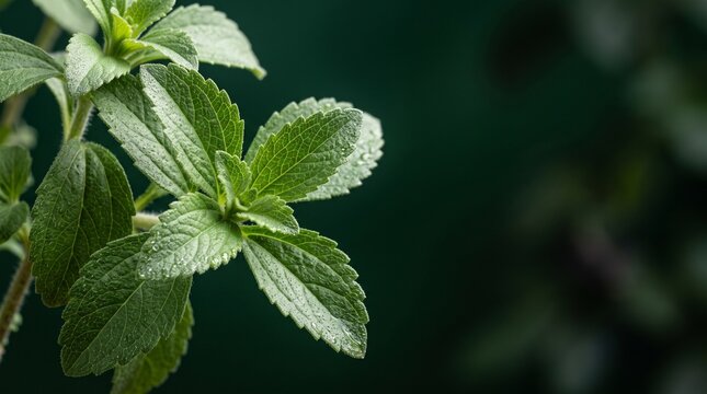 Fresh green stevia leaves on a dark background for natural sweetener and herbal tea concepts.