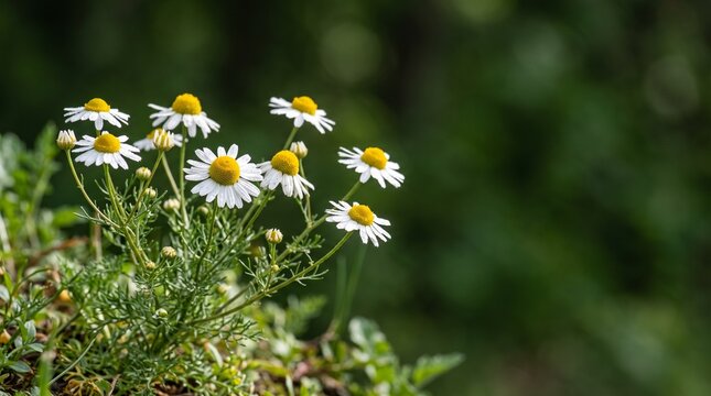 Fresh chamomile flowers blooming in a sunny garden, medicinal herbal plant in nature.