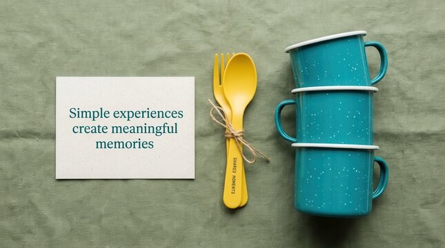 Stacked teal enamel mugs beside yellow spoon and fork set and inspirational note card on green textile background, highlighting outdoor dining and minimalist lifestyle for travel and home project