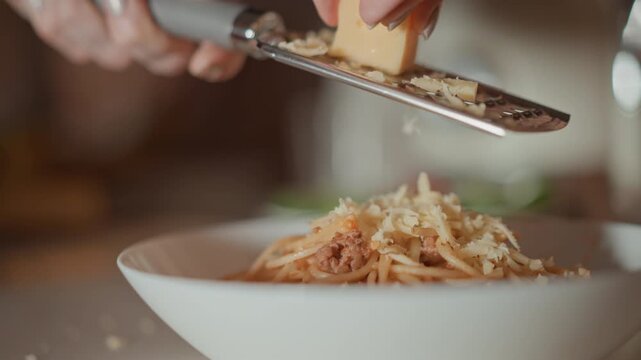 Tight low-angle kitchen scene shows hand grating pale yellow cheese directly over sauce coated noodles in white ceramic bowl, with falling shavings, tiny airborne particles, and warm inviting meal