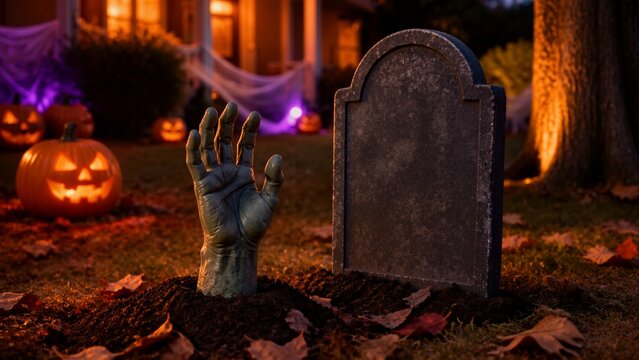 Green zombie hand emerging from a grave in front of a blank tombstone. Spooky Halloween yard decoration with glowing jack-o'-lanterns at night. Copy space for text