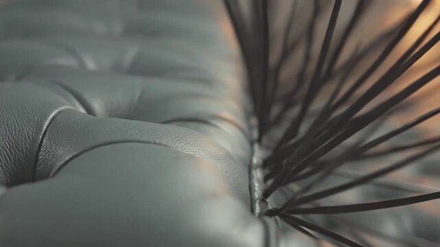 Close up of gray tufted leather sofa upholstery texture.