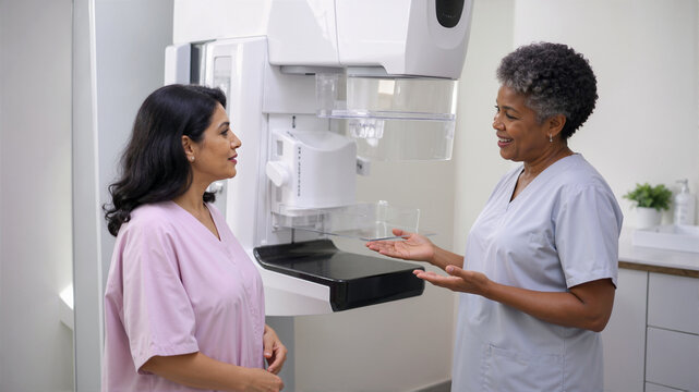 Female patient and healthcare worker talking next to a mammogram machine. Doctor explaining breast cancer screening procedure to a woman in a clinic. Medical diagnosis and prevention