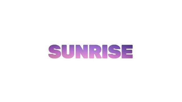 Colorful animated typography displaying the word sunrise in purple tones on a clean white background, ideal for morning themes, travel content, nature videos, or uplifting titles.