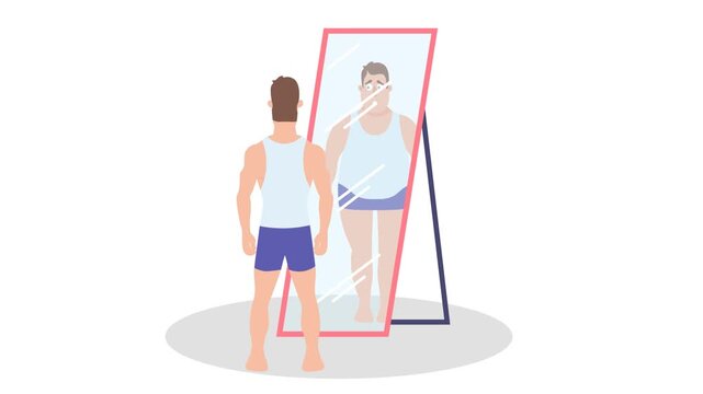 Medical vector illustration showing distorted body perception in anorexia nervosa, featuring a person viewing a larger reflection, highlighting eating disorder awareness, restrictive eating