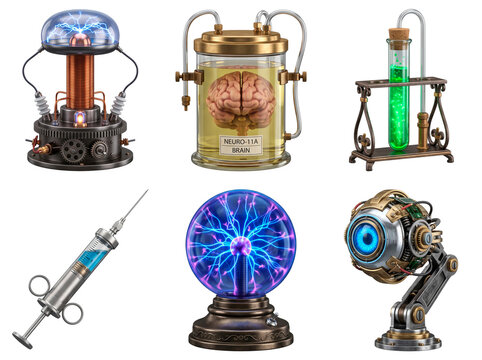 Steampunk mad scientist laboratory equipment including a Tesla coil, brain in a jar, plasma ball, and robotic eye PNG Isolated on transparent background