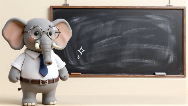 Cute elephant teacher stands before blank chalkboard, ready to teach with sparkling stars.
