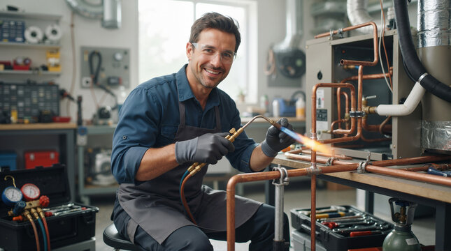 Smiling male HVAC technician brazing copper pipes with blowtorch. Heating and air conditioning repair