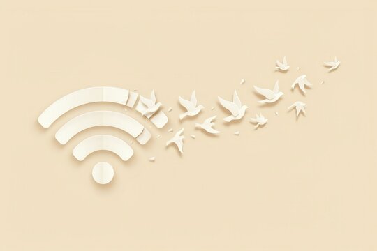 Minimalist wifi symbol transforming into flying birds, conceptual wireless internet freedom, beige paper cut style technology icon