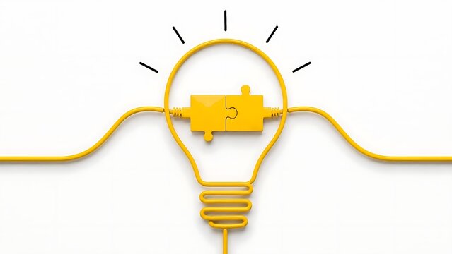 Creative idea and business innovation concept represented by yellow cable forming lightbulb with connecting puzzle pieces