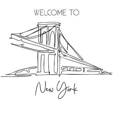 Welcome to New York continuous line drawing of Brooklyn Bridge landmark illustration