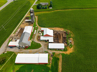 Aerial view of green agricultural farmland with farmhouses barns and fields © Will