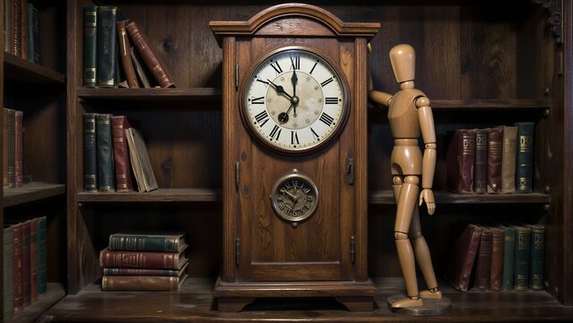 Wooden clock and figure amidst vintage books in a cozy, bookshelf-lined room.