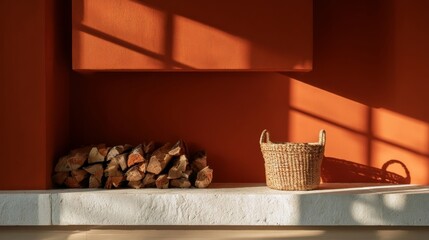 Fototapeta premium Fireplace wall mockup backdrop for cozy art print displays