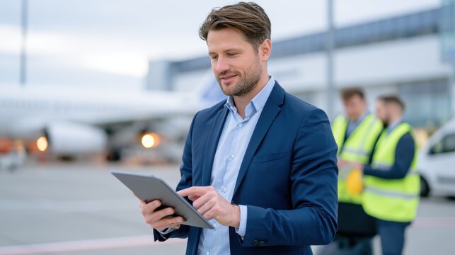 Businessman using tablet at airport tarmac with aircraft