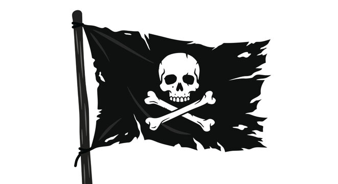 Tattered Jolly Roger Pirate Flag with Skull and Crossbones on Wooden Pole Isolated on White Background