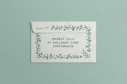 Vintage envelope with floral botanical border design, personalized return address label card stationery mockup on pastel mint background with copy space for greeting cards and wedding invitations
