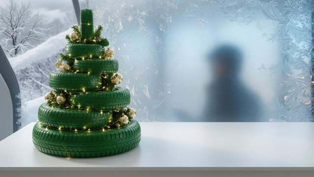 Green tire Christmas tree holiday decoration winter window festive light creative recycling snow background indoor scene frosty glass blurred person green ornament Upcycled holiday tree concept