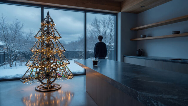 Modern christmas tree geometric tree holiday interior winter window snow landscape lonely man moody light cozy minimalism modern kitchen festive light modern Upcycled holiday tree concept