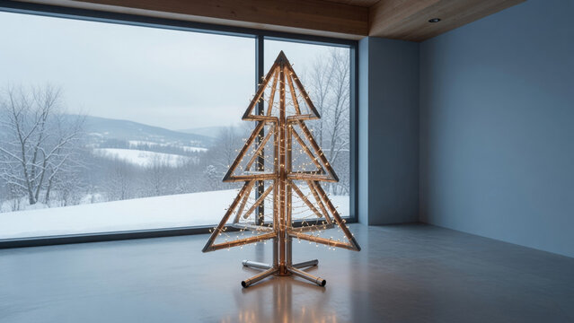 Modern christmas tree geometric tree metal tree holiday decoration winter landscape indoor decor minimal design led light snow scene large window Modern christmas Upcycled holiday tree concept