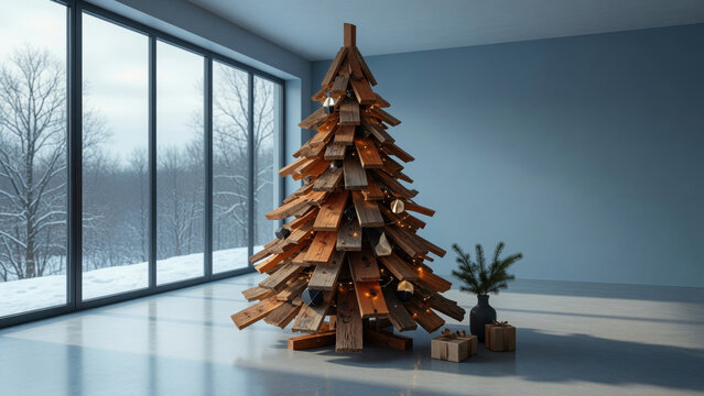 Modern christmas tree wooden tree minimalist decor winter interior holiday decoration gift box pine branch snow landscape large window cozy light Modern christmas Upcycled holiday tree concept