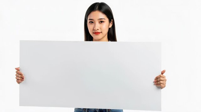 Asian Woman Holding a Blank Sign: A young Asian woman with long black hair and a gentle expression holds a large, blank white sign, inviting viewers to fill in their own message.