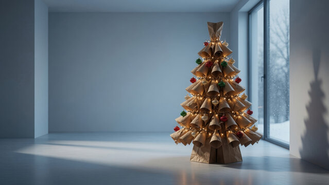 Paper Christmas tree decoration eco friendly holiday festive light gift box winter interior modern room window minimal style cozy mood creative craft Upcycled holiday tree concept