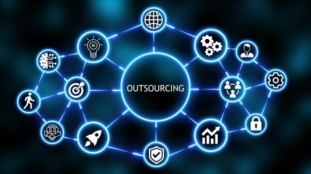  Futuristic Neon outsourcing HUD Concept with Connected Business and Technology Icons Abstract Background 4k