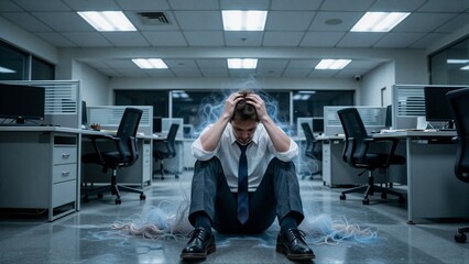 Fototapeta premium Stressed man in office, head in hands, smoke rising from his body.