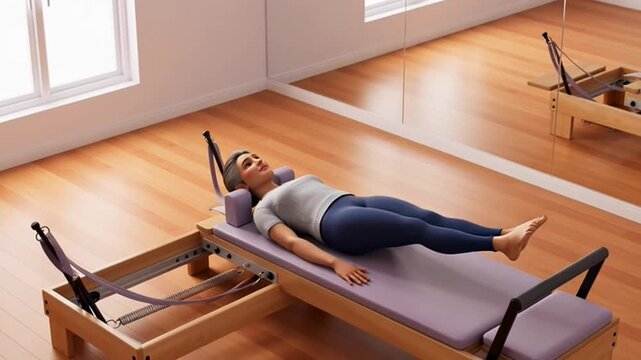 Woman performing leg lift exercises on a pilates reformer machine in a studio.