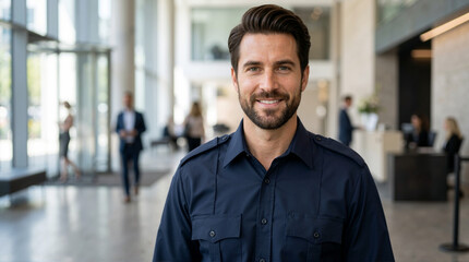 Naklejka premium Smiling male security officer in uniform. Professional guard standing in modern corporate lobby. Safety and protection concept