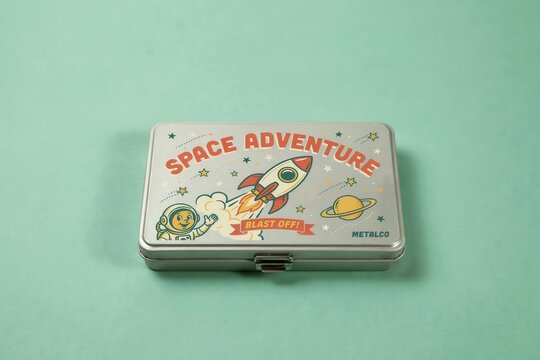 space adventure metal tin with vintage rocket illustration. cute cartoon spacecraft design on silver box. trendy print on mint green background with copy space.