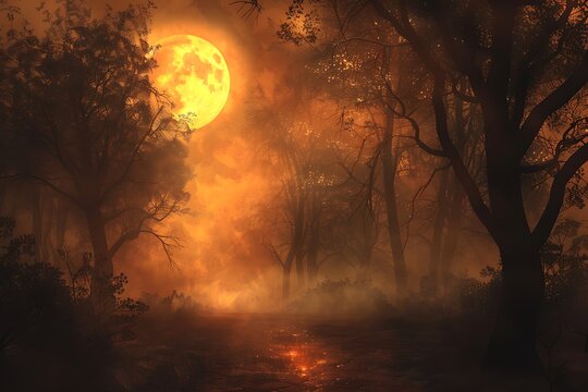 Giant Golden Full Moon Over Mist Filled Forest