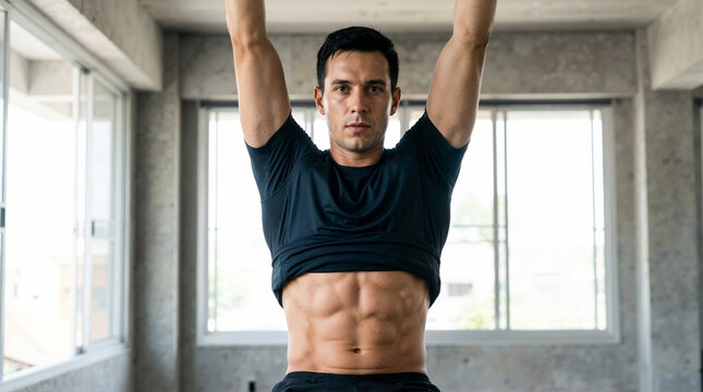 Muscular man showing defined six pack abs in gym. Fit male athlete hanging from bar during core workout
