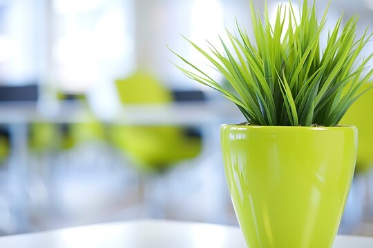 Bright Green Grass Plant in Ceramic Pot on White Table