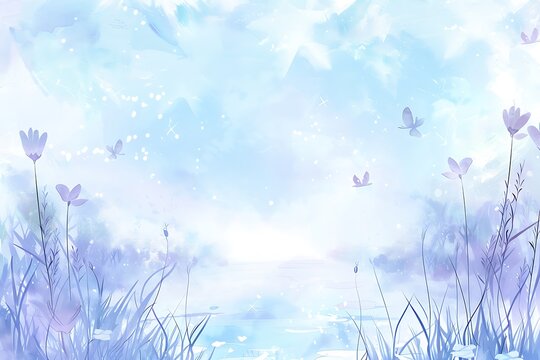 Ethereal Watercolor Landscape with Pastel Blue Sky and Blooming Flowers
