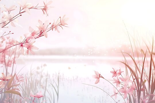 Soft Pink Spring Blossom Branches Overlooking a Gentle Serene Lake