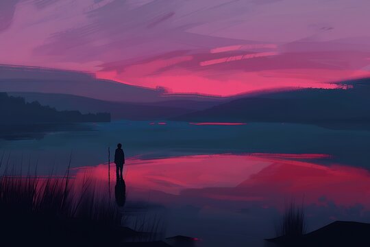 Solitary Figure by Calm Lake Under Dramatic Pink and Purple Sunset