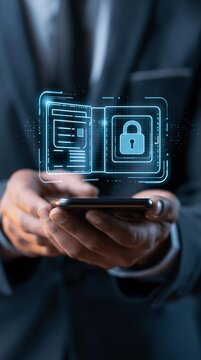 Professional man using smartphone for secure digital mobile payment checkout and token based transaction with encrypted billfold identity verification concept