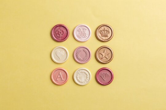 Wax seals set in pink and burgundy tones with initial letters and crown symbols, vintage style crafting supplies on yellow paper background, copy space