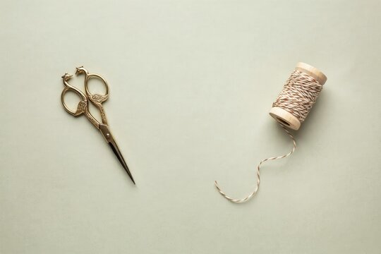Vintage gold sewing scissors and wooden thread spool, isolated on textured background, DIY craft tools and textile supplies
