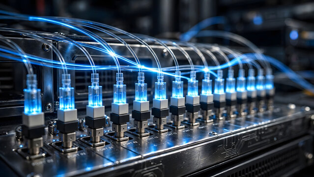 Close-up fiber optic ports with bright blue light signals, showcasing high-speed data transfer, network hardware, digital communication, and modern connectivity.