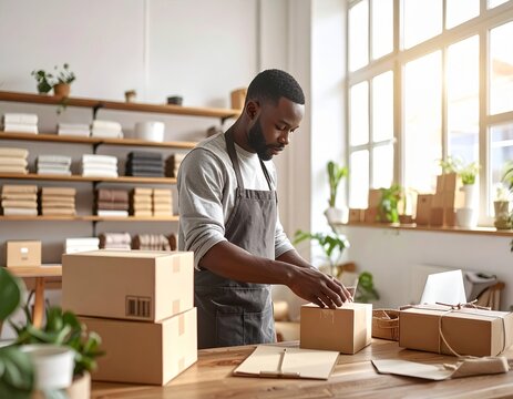 Homme d&eacute;ballant des cartons dans une petite boutique artisanale entour&eacute;e d'&eacute;tag&egrave;res en bois remplies de marchandises soigneusement organis&eacute;es